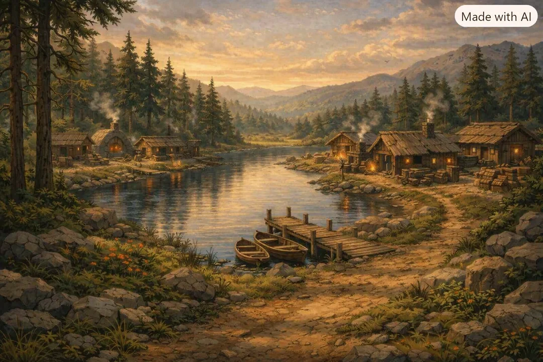 The original painterly reference: timber cottages, pine trees and rowing boats around a sunset lake