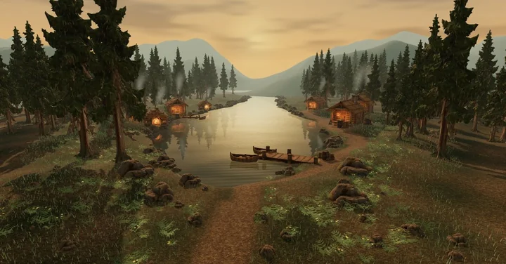 A screenshot of Stillwater: timber cottages and pine trees around a lake at sunset